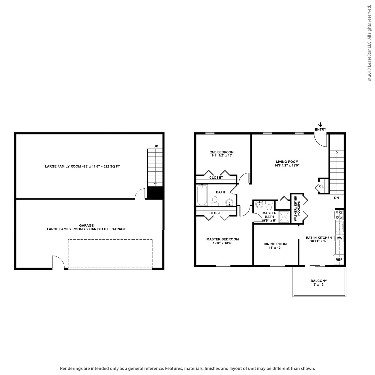 A floor plan of a two-story house with a garage.